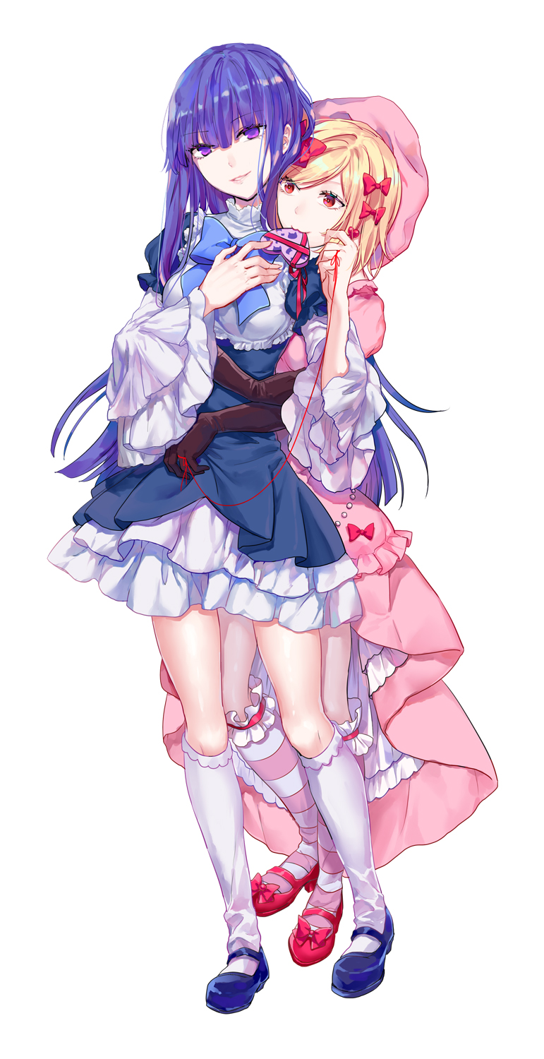 2girls :3 augetsix black_gloves blonde_hair blue_hair blue_shoes bow dress frederica_bernkastel gloves hair_bow hat heart-shaped_box highres hug hug_from_behind kneehighs lambdadelta mary_janes mouth_hold multiple_girls red_eyes red_shoes red_string shoes smile string striped striped_legwear umineko_no_naku_koro_ni valentine violet_eyes white_legwear wide_sleeves yuri