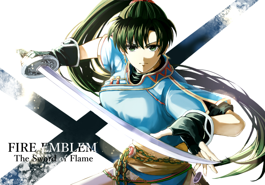 1girl delsaber earrings english fire_emblem fire_emblem:_rekka_no_ken gloves green_hair holding holding_weapon jewelry lyndis_(fire_emblem) ponytail simple_background sword weapon white_background