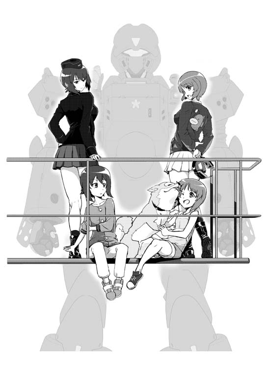 4girls anglerfish ankle_boots bangs boots casual dog donburimeshi dress_shirt dual_persona garrison_cap girls_und_panzer hat jacket kidou_keisatsu_patlabor long_sleeves mecha military military_uniform miniskirt multiple_girls nishizumi_maho nishizumi_miho pleated_skirt red_skirt school_uniform shirt short_hair skirt uniform younger