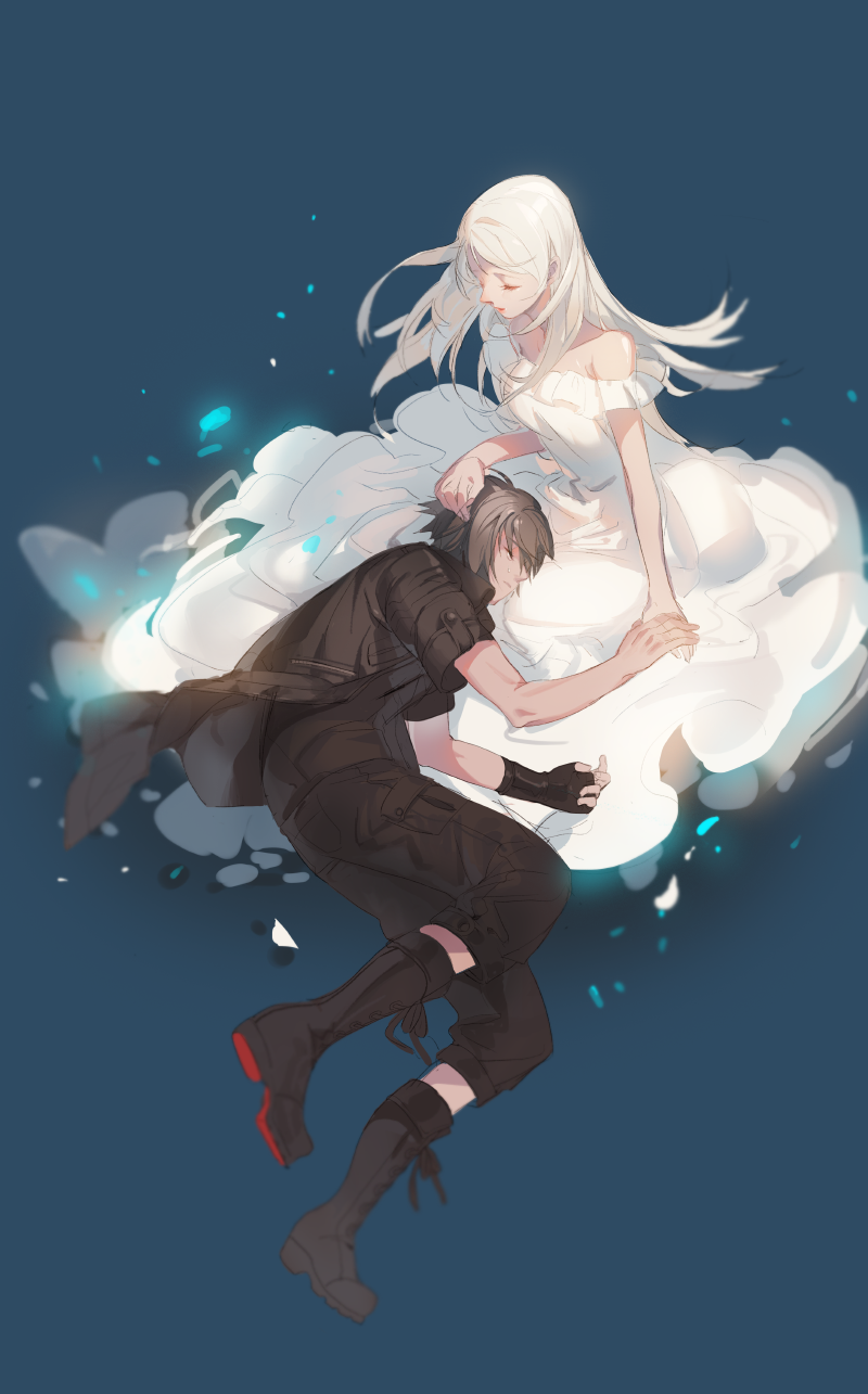 1boy 1girl black_hair black_jacket boots capri_pants dress final_fantasy final_fantasy_xv highres jacket lap_pillow lunafreya_nox_fleuret noctis_lucis_caelum pants petting platina77 sleeping white_dress white_hair