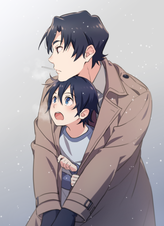 2boys black_hair blue_eyes boku_dake_ga_inai_machi breath candy coat food food_in_mouth fujinuma_satoru gloves gradient gradient_background jumping_dogeza lollipop long_sleeves looking_afar looking_at_another looking_up male_focus multiple_boys raglan_sleeves red_eyes shared_clothes shared_coat sharing snow stick trench_coat upper_body yashiro_gaku