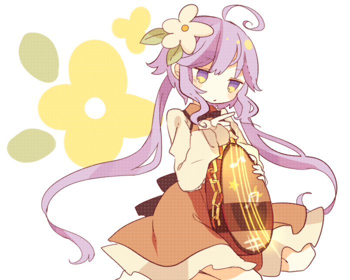 1girl ahoge biwa_lute brown_dress daizu_(melon-lemon) dress flower hair_flower hair_ornament instrument long_hair long_sleeves low_twintails lute_(instrument) multicolored multicolored_eyes purple_hair short_dress solo touhou tsukumo_benben twintails very_long_hair violet_eyes