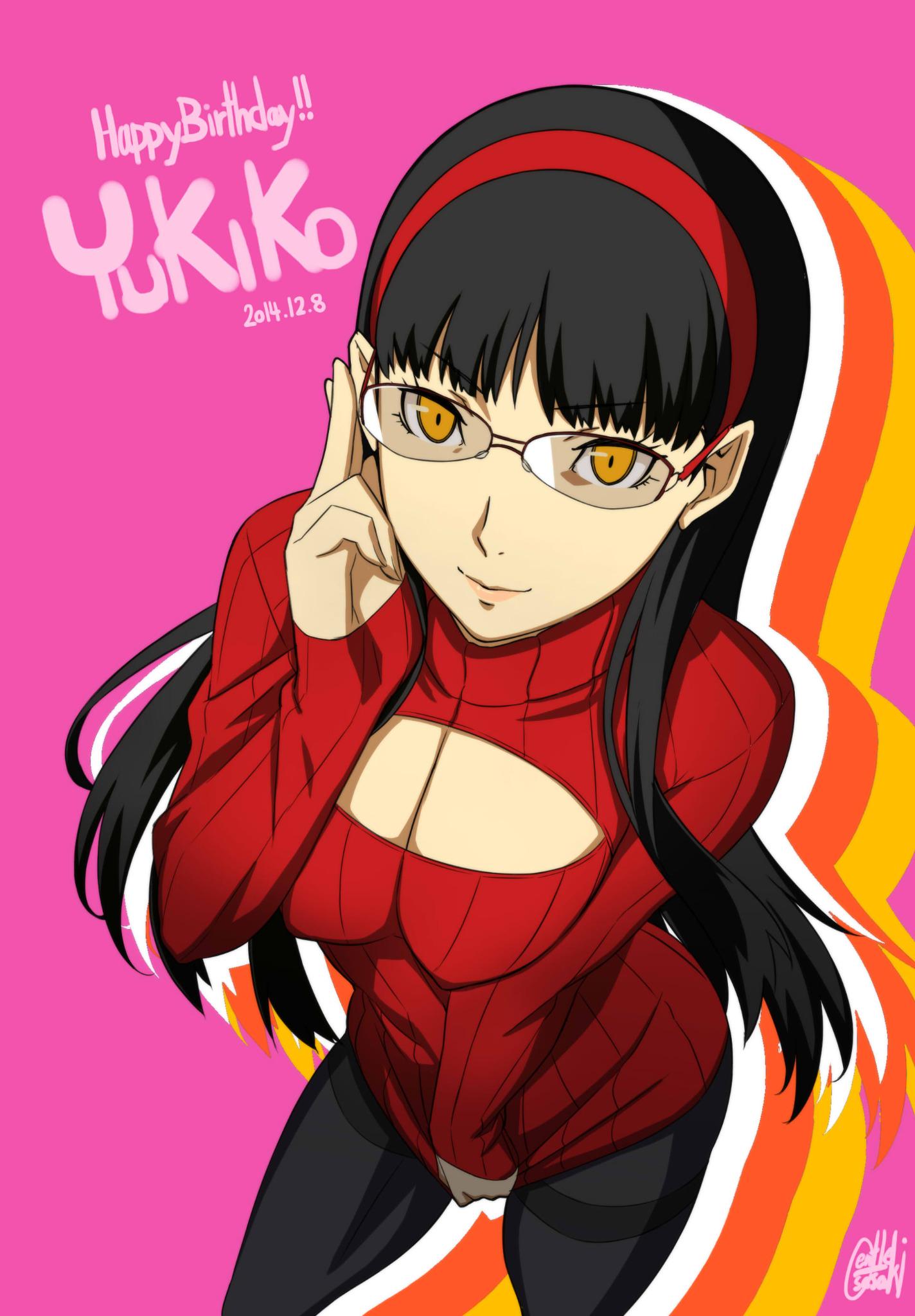 1girl adjusting_glasses amagi_yukiko black_hair black_legwear breasts from_above gentle_sasaki glasses hairband highres lips long_hair meme_attire open-chest_sweater orange_eyes pantyhose persona persona_4 resized ribbed_sweater rimless_glasses shadow_(persona) shadow_yukiko shirt_tug sleeves_past_wrists smile solo sweater thighband_pantyhose turtleneck