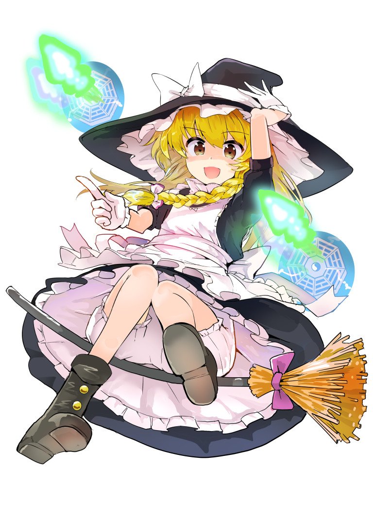 &gt;:d 1girl :d apron black_boots black_hat black_shirt black_skirt blonde_hair bloomers boots bow braid broom broom_riding brown_eyes danmaku eyebrows_visible_through_hair frilled_apron frilled_hat frilled_skirt frills full_body gloves hair_ribbon hand_on_headwear hat hat_bow kirisame_marisa looking_at_viewer mini-hakkero open_mouth pink_bow puffy_short_sleeves puffy_sleeves puuakachan ribbon shirt shoe_soles short_sleeves side_braid sidesaddle single_braid skirt smile solo touhou tress_ribbon underwear white_apron white_background white_bow white_gloves witch_hat
