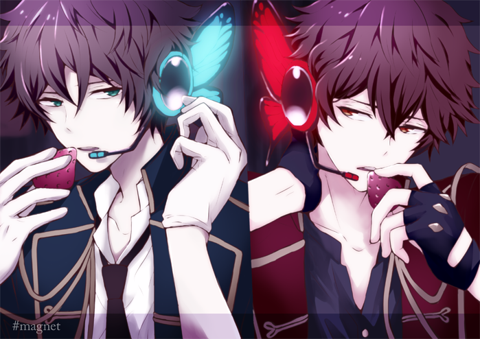 2boys black_gloves blue_eyes butterfly_wings ensemble_stars! food fruit gloves hand_behind_head headset letterboxed looking_at_another magnet_(vocaloid) male_focus mikku morisawa_chiaki multiple_boys necktie parted_lips red_eyes sena_izumi_(ensemble_stars!) song_name split_screen strawberry takamine_midori upper_body white_gloves wings