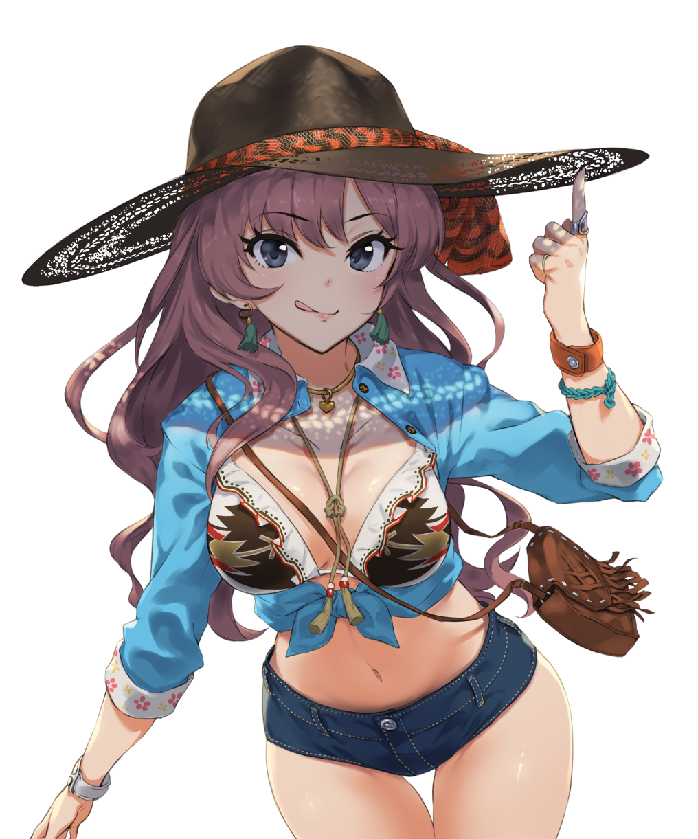 1girl :q bag bikini_top blue_eyes blue_ribbon blue_shirt blush bracelet breasts brown_hat buttons cleavage collarbone collared_shirt cow_girl cowboy_hat cowboy_shot denim denim_shorts drawstring earrings eyebrows_visible_through_hair front-tie_top hat heart heart_necklace highres ichinose_shiki idolmaster idolmaster_cinderella_girls index_finger_raised jewelry long_hair long_sleeves looking_at_viewer medium_breasts navel neo-masterpeacer pendant red_eyes ribbon ring satchel shiny shiny_skin shirt shorts simple_background solo standing stomach strap_cleavage thigh_gap tongue tongue_out unbuttoned unbuttoned_shirt wavy_hair white_background wing_collar wristband