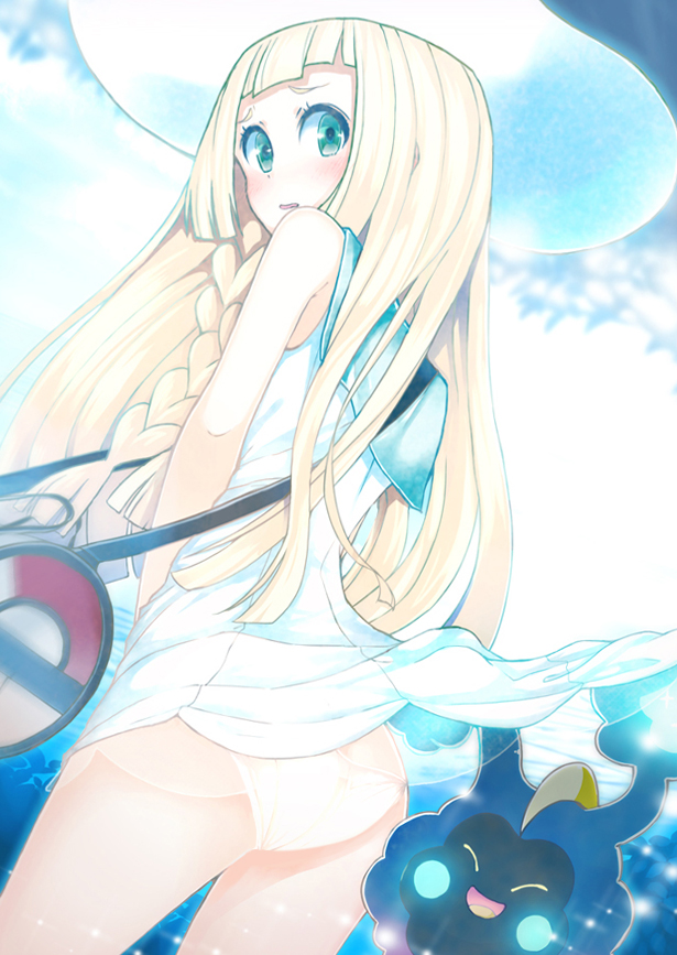 1girl accidental_exposure back bag bangs bare_arms blonde_hair blunt_bangs blush braid clouds cloudy_sky cosmog cowboy_shot day dress dress_tug duffel_bag dutch_angle from_behind green_eyes guranyto hat light_particles lillie_(pokemon) long_hair looking_at_viewer looking_back outdoors panties parted_lips pokemon pokemon_(creature) pokemon_(game) pokemon_sm see-through short_dress side_braid side_glance sky sleeveless sleeveless_dress sparkle submerged sun_hat sundress underwear wading water white_dress white_hat white_panties
