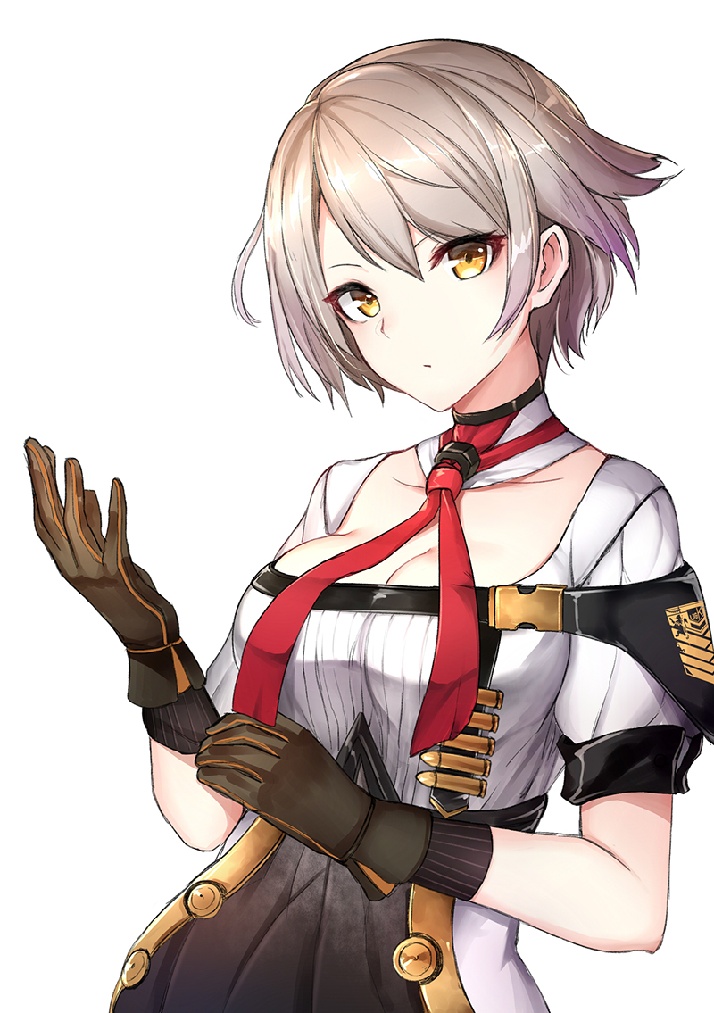 1girl adjusting_clothes adjusting_gloves breasts bullet cleavage eyeliner girls_frontline gloves hair_between_eyes looking_at_viewer luse_maonang makeup necktie short_hair silver_hair solo tdi_vector_(girls_frontline) yellow_eyes