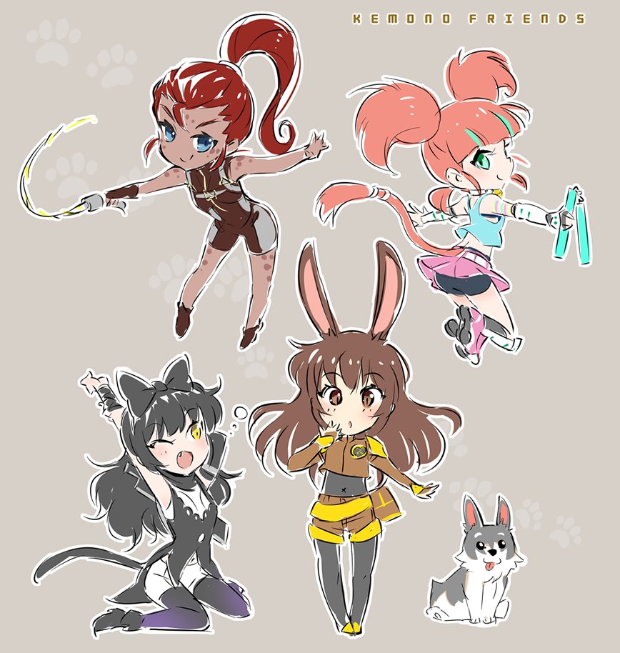 4girls animal_ears black_hair blake_belladonna brown_hair cat_tail chibi commentary fang iesupa ilia_amitola inline_skates multiple_girls neon_katt nunchaku orange_hair rabbit_ears redhead roller_skates rwby shorts skates tail velvet_scarlatina weapon welsh_corgi whip yawning zwei_(rwby)