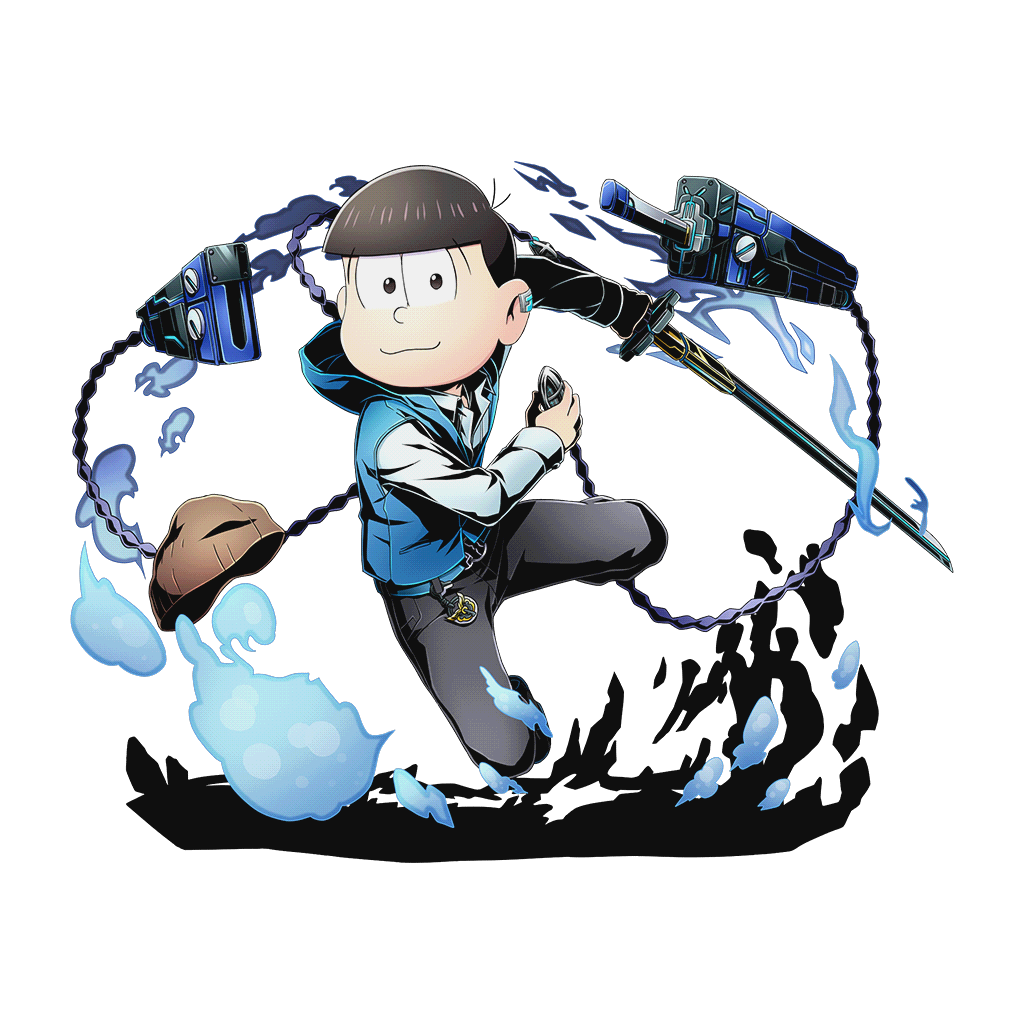 1boy :3 alpha_transparency ariton_(divine_gate) ariton_(divine_gate)_(cosplay) beanie belt black_eyes black_hair cosplay divine_gate fire floating full_body hat hood hoodie hoodie_vest looking_at_viewer male_focus matsuno_todomatsu official_art osomatsu-kun osomatsu-san short_hair solo sword transparent_background ucmm vest weapon