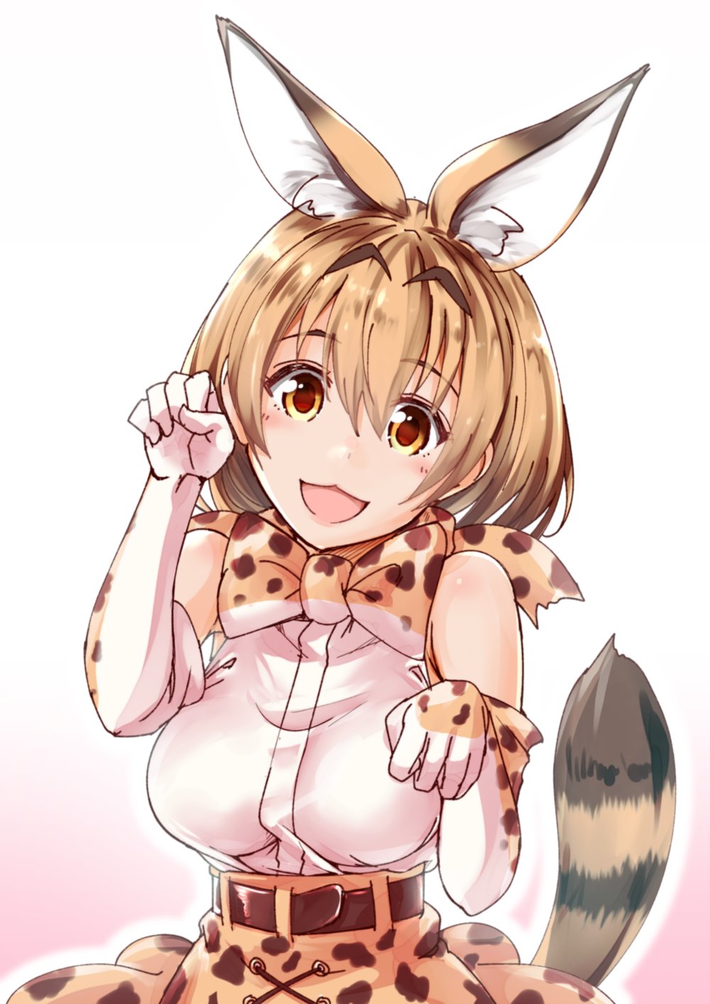 1girl :3 animal_ears bare_shoulders blonde_hair blush bow bowtie breasts cat_ears cat_tail elbow_gloves eyebrows_visible_through_hair ganari_ryuu gloves highres kemono_friends large_breasts looking_at_viewer open_mouth paw_pose serval_(kemono_friends) serval_ears serval_tail short_hair sleeveless smile solo tail yellow_eyes