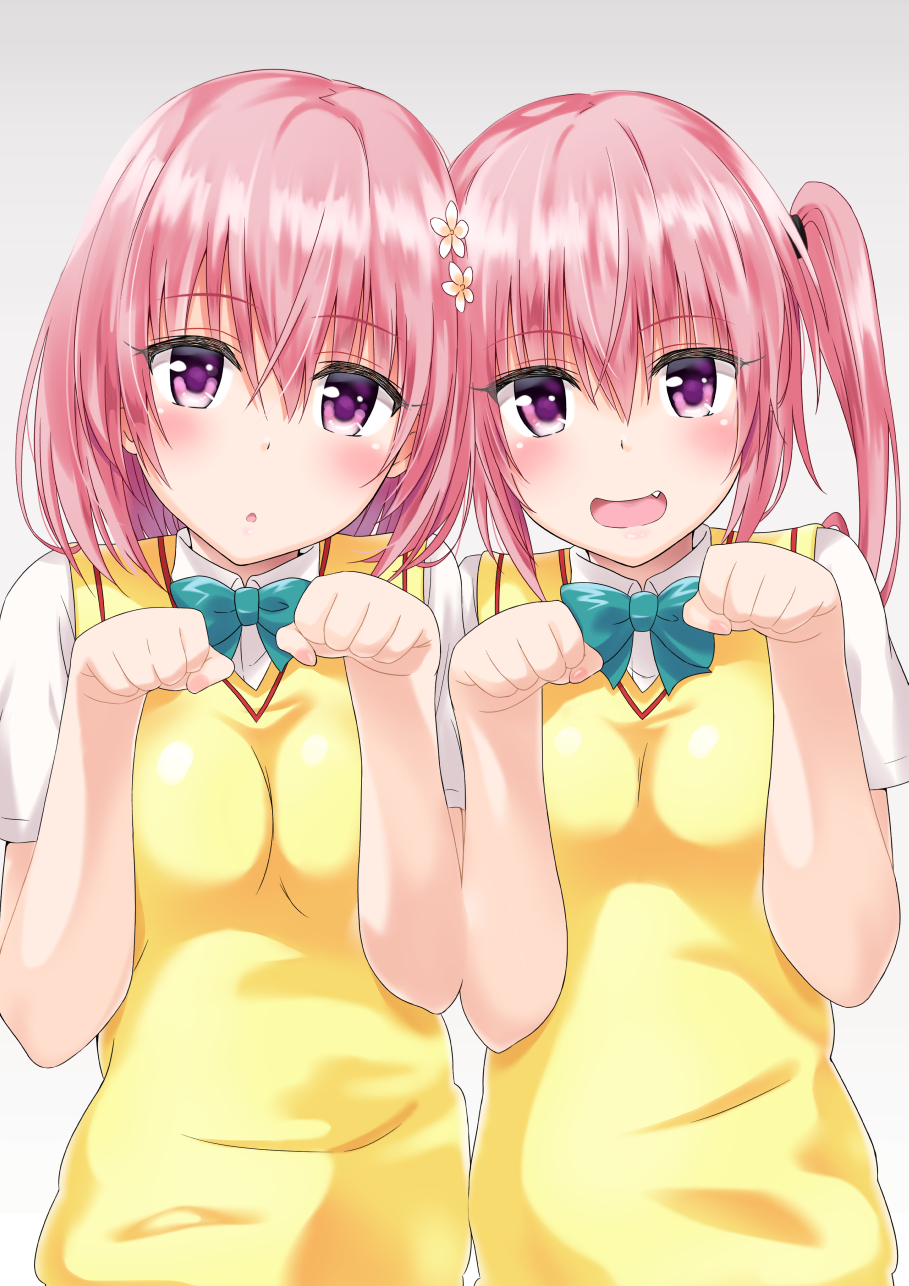 2girls blush fang hair_ornament highres looking_at_viewer momo_velia_deviluke multiple_girls murio nana_asta_deviluke open_mouth paw_pose pink_hair shiny shiny_hair short_hair siblings sisters sweater_vest to_love-ru to_love-ru_darkness twintails violet_eyes