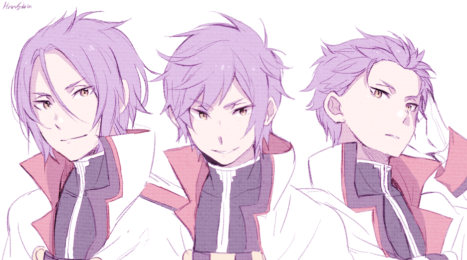 &gt;:) 1boy alternate_hairstyle artist_name bangs closed_mouth coat eyebrows_visible_through_hair gloves hair_between_eyes hand_on_own_head harusabin high_collar julius_juukulius long_sleeves looking_at_viewer male_focus multiple_views parted_lips purple_hair re:zero_kara_hajimeru_isekai_seikatsu simple_background smile upper_body white_background yellow_eyes