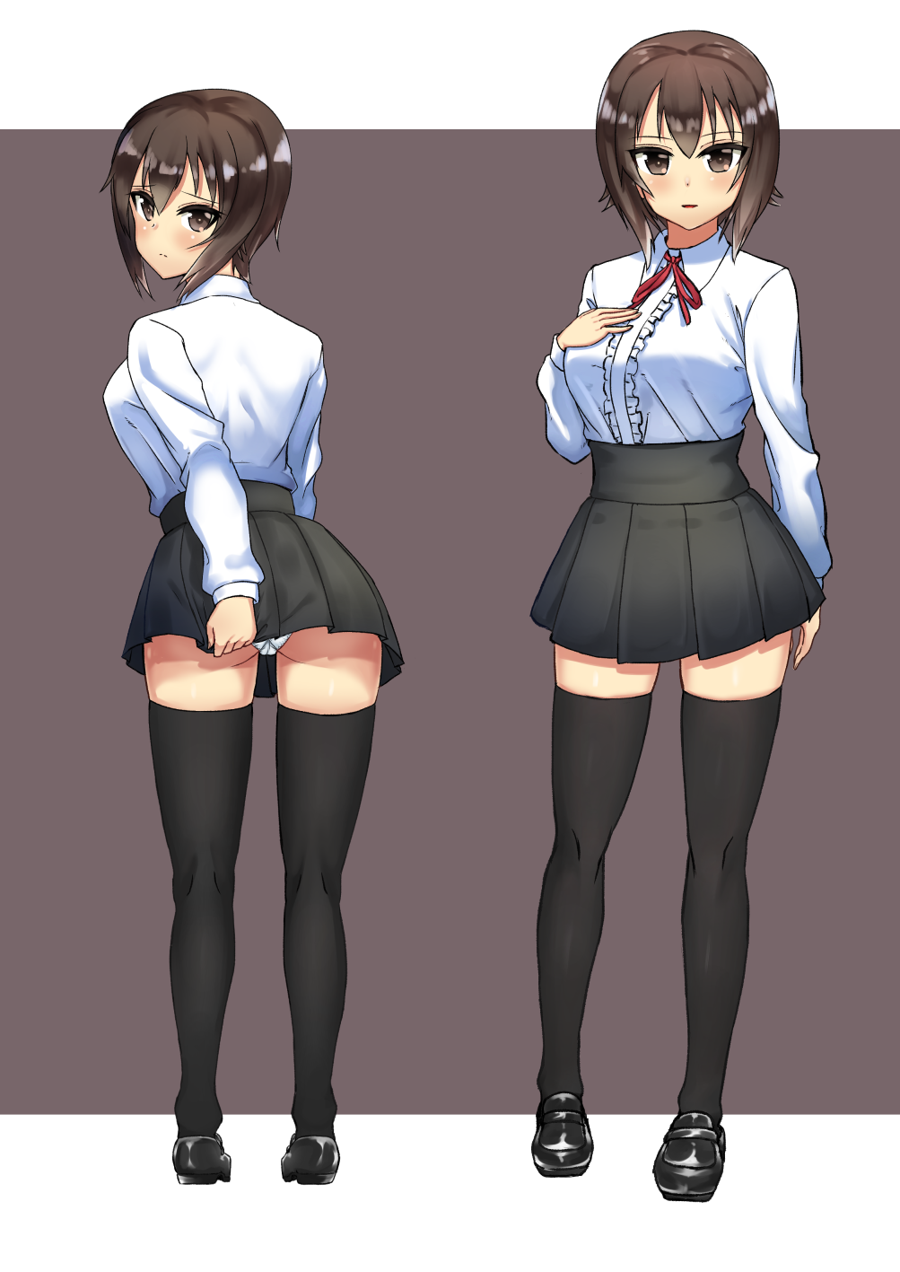 1girl bangs black_legwear black_shoes blush breasts brown_eyes brown_hair commentary dress_shirt embarrassed from_behind full_body girls_und_panzer grey_background highres hikyakuashibi light_frown loafers long_sleeves looking_at_viewer looking_back meme_attire miniskirt multiple_views nishizumi_maho outside_border panties pantyshot pantyshot_(standing) parted_lips pleated_skirt red_ribbon ribbon shirt shoes short_hair skirt skirt_tug solo standing thigh-highs thighs underwear virgin_killer_outfit white_panties white_shirt