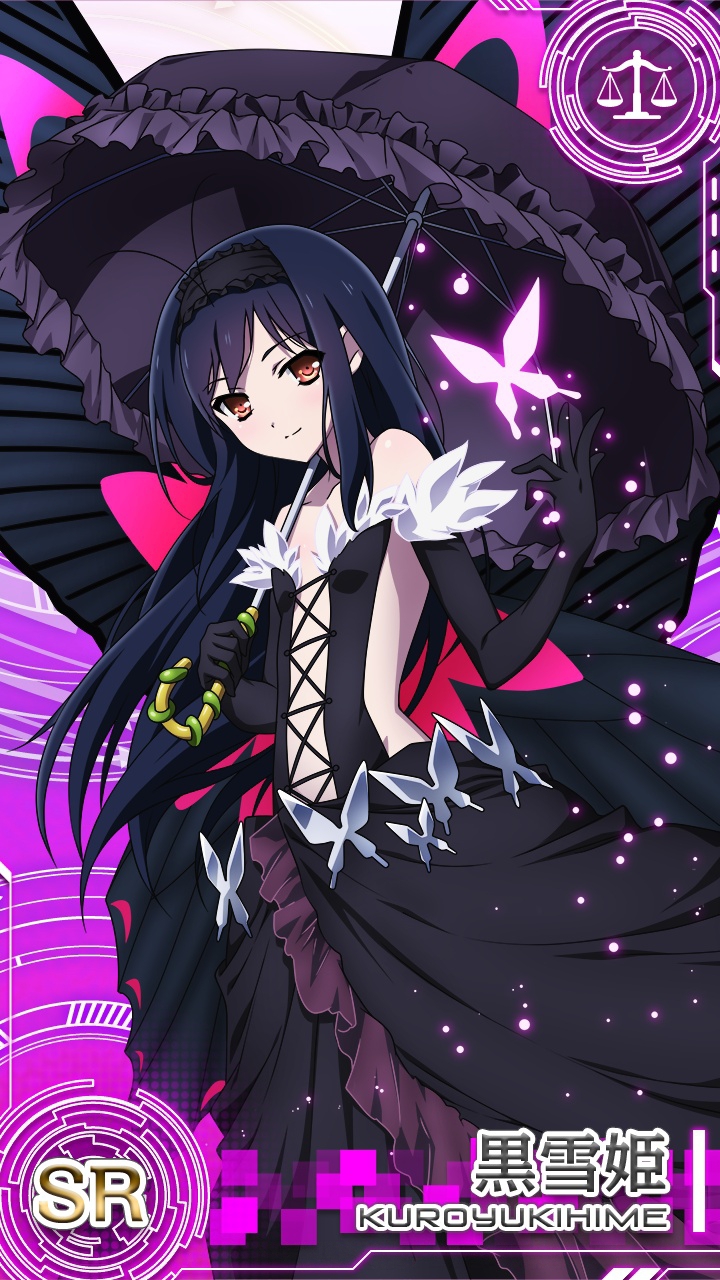 1girl accel_world antenna_hair black_dress black_gloves black_hair black_hairband black_umbrella breasts character_name dress elbow_gloves gloves gothic_lolita hairband headdress highres holding holding_umbrella kuroyukihime lolita_fashion long_hair looking_at_viewer official_art red_eyes sleeveless sleeveless_dress small_breasts smile solo strapless strapless_dress umbrella very_long_hair