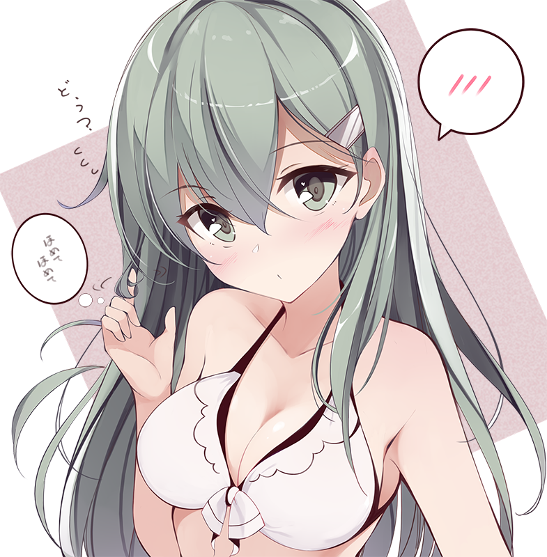 1girl bare_arms bare_shoulders bikini bikini_top blush bow breasts cleavage closed_mouth collarbone eyebrows_visible_through_hair front-tie_bikini front-tie_top green_eyes green_hair hair_between_eyes hair_ornament hair_twirling hairclip head_tilt kantai_collection long_hair looking_at_viewer medium_breasts motion_lines netarou solo spoken_blush suzuya_(kantai_collection) swimsuit tareme thinking thought_bubble translation_request upper_body white_bikini white_bow