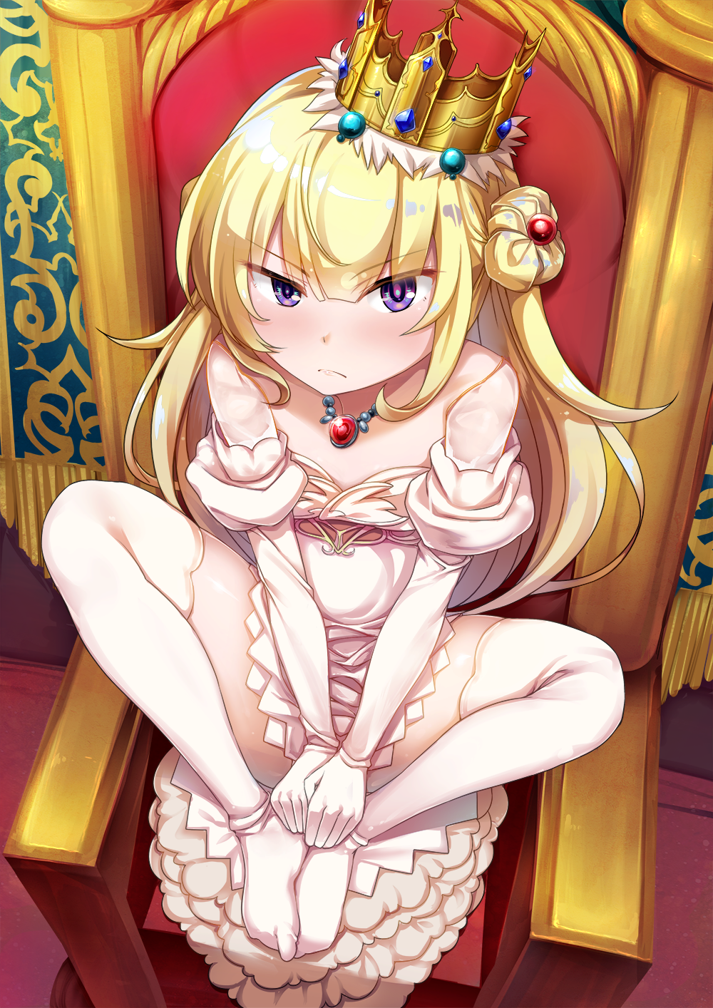 &gt;:( 1girl bangs blunt_bangs blush bright_pupils closed_mouth crown dress elbow_gloves eyebrows_visible_through_hair feet_together flat_chest from_above furrowed_eyebrows gem gloves hair_bun highres indian_style jewelry knees_apart_feet_together long_hair looking_at_viewer looking_up necklace original own_hands_together pendant princess ruby_(stone) shiny shiny_hair short_dress sitting solo sorano_(12gou) thigh-highs throne v_arms violet_eyes white_dress white_gloves white_legwear zettai_ryouiki