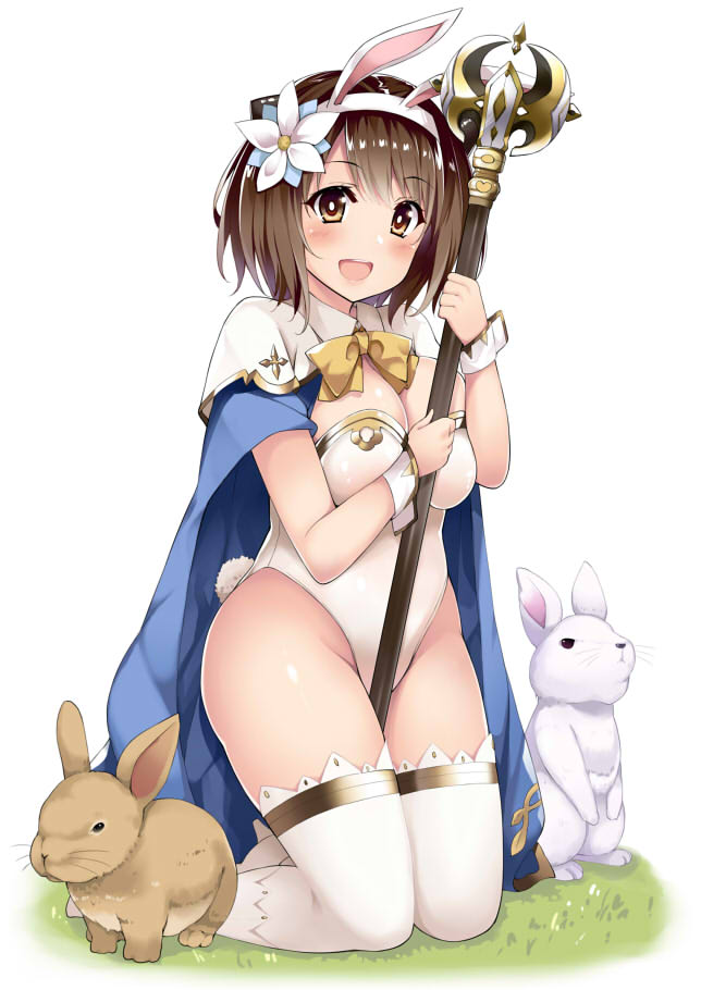 1girl alternate_costume animal animal_ears blonde_hair blush breasts brown_eyes brown_hair bunny_tail cape cleavage cosplay doraf fake_animal_ears fake_tail flower granblue_fantasy grass hair_flower hair_ornament hairband holding holding_staff horns kneeling kusano_(torisukerabasu) large_breasts leotard looking_at_viewer open_mouth rabbit rabbit_ears sage_(granblue_fantasy) short_hair smile solo staff tail thigh-highs white_background white_legwear wrist_cuffs yaia_(granblue_fantasy)