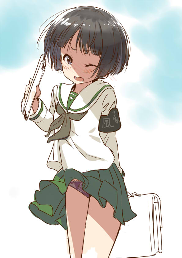 1girl armband bag bangs black_eyes black_hair black_panties blouse blunt_bangs bob_cut clipboard cowboy_shot girls_und_panzer green_skirt holding lace lace-trimmed_panties long_sleeves looking_at_viewer miniskirt neckerchief one_eye_closed open_mouth panties pantyshot pantyshot_(standing) pleated_skirt sabaku_chitai school_bag school_uniform serafuku short_hair sketch skirt solo sono_midoriko standing underwear white_blouse wince wind wind_lift