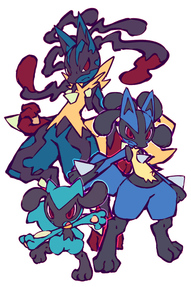 blue_hair canine highres lucario mega_lucario pokemon pokemon_(game) red_eyes riolu spikes trio zerosonicly