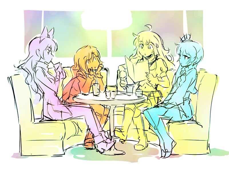 4girls blake_belladonna cafe color_connection commentary couch drinking drinking_straw glasses iesupa menu multiple_girls pepper_shaker roosterteeth ruby_rose rwby salt_shaker seiyuu_connection table weiss_schnee window yang_xiao_long