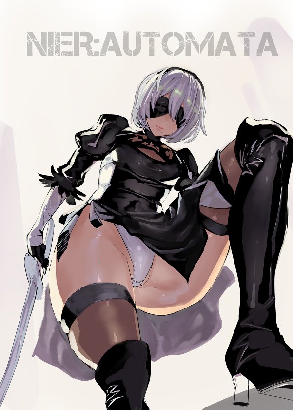 1girl ashiomi_masato blindfold boots copyright_name from_below gloves high_heels katana leotard mole mole_under_mouth nier_(series) nier_automata silver_hair solo sword thigh-highs thigh_boots weapon yorha_no._2_type_b