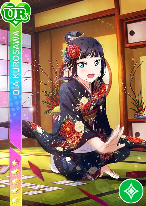 black_hair blush cards character_name green_eyes happy kimono kurosawa_dia long_hair love_live! love_live!_sunshine!! new_year odango