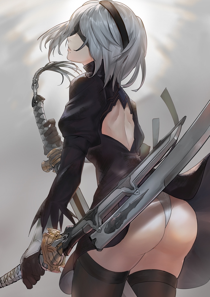 1girl aoin ass back_cutout blindfold dual_wielding elbow_gloves gloves hair_ornament katana leotard mole mole_under_mouth nier_(series) nier_automata silver_hair skirt sword thigh-highs weapon yorha_no._2_type_b