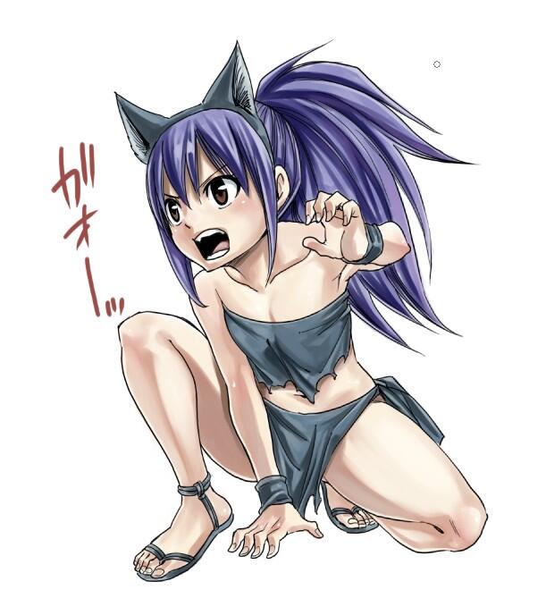 1girl animal_ears black_hairband black_skirt blue_hair brown_eyes cat_ears collarbone fairy_tail fake_animal_ears feet flat_chest full_body hairband kneeling long_hair mashima_hiro midriff official_art one_knee open_mouth ponytail sandals simple_background skirt solo toes torn_clothes wendy_marvell white_background wrist_cuffs