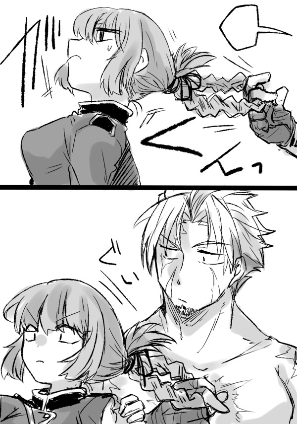 1boy 1girl beowulf_(fate/grand_order) braid fate/grand_order fate_(series) florence_nightingale_(fate/grand_order) hair_pull mijinko_(83nabe) monochrome scar