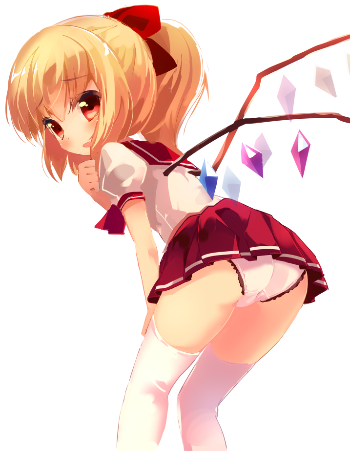 1girl adapted_costume ass blonde_hair flandre_scarlet hair_ribbon leaning_forward looking_at_viewer miniskirt open_mouth panties pleated_skirt ponytail red_eyes red_ribbon red_skirt ribbon sailor_collar school_uniform serafuku short_sleeves simple_background skirt solo taharu_kousuke thigh-highs touhou trefoil underwear white_background white_legwear white_panties wings