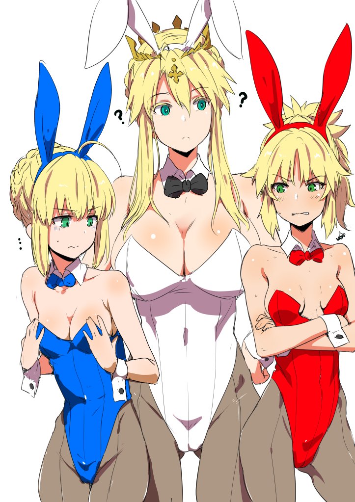3girls animal_ears artoria_pendragon_lancer_(fate/grand_order) bare_shoulders blonde_hair blush braid breast_envy breasts bunnysuit clearite cleavage clenched_teeth crossed_arms cuffs fate_(series) green_eyes large_breasts long_hair multiple_girls pantyhose rabbit_ears saber saber_alter saber_of_red simple_background small_breasts