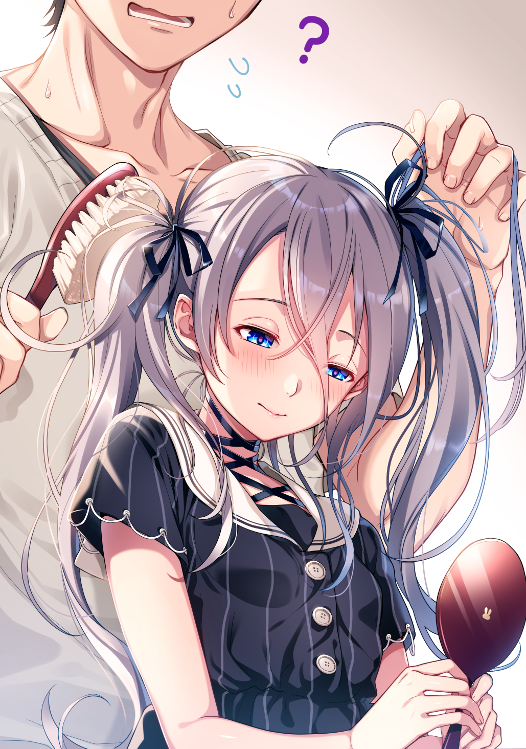 1boy 1girl ? blue_eyes blush breasts cut_(bu-kunn) flying_sweatdrops hair_brush hairdressing head_out_of_frame highres long_hair mirror open_mouth original sailor_collar silver_hair small_breasts smile teeth twintails