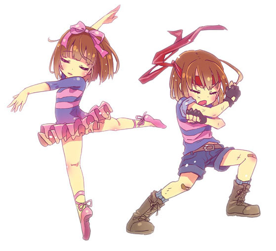 androgynous ballet ballet_slippers bandaid bandaid_on_knee belt belt_buckle blue_legwear blue_shorts boots brown_boots brown_hair buckle closed_eyes dancing fingerless_gloves frisk_(undertale) full_body gloves hair_ribbon headband pink_ribbon purple_shirt red_headband ribbon shirt short_hair short_sleeves shorts simple_background socks striped striped_shirt tutu undertale white_background yugaiga