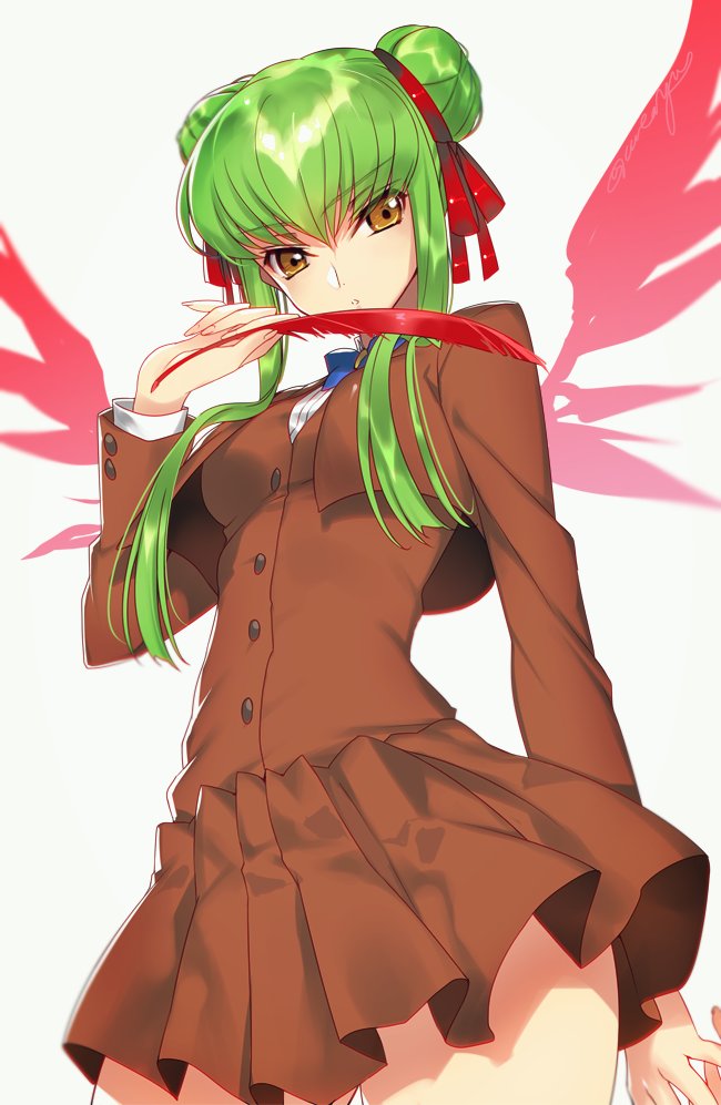1girl :o blue_bow blue_bowtie bow bowtie breasts brown_jacket brown_skirt buttons c.c. code_geass cosplay cowboy_shot creayus cropped_jacket double_bun eyebrows_visible_through_hair feathers fushigi_yuugi green_hair hair_ribbon holding_feeather long_sleeves looking_at_viewer looking_down medium_breasts parted_lips pleated_skirt red_ribbon ribbon school_uniform short_hair_with_long_locks sidelocks simple_background skirt solo standing thighs white_background yellow_eyes yuuki_miaka yuuki_miaka_(cosplay)
