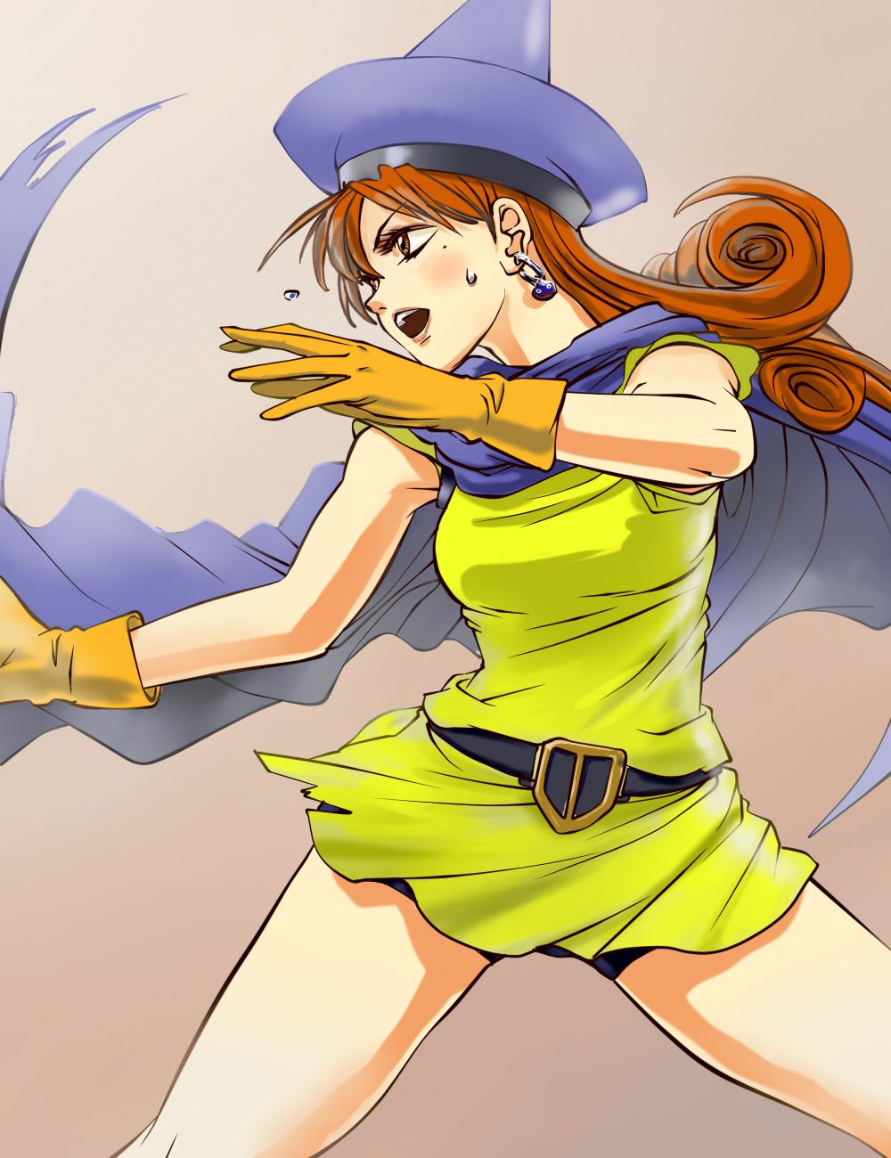 1girl alena_(dq4) blush breasts cape curly_hair dragon_quest dragon_quest_iv earrings gloves hat highres jewelry long_hair maruri open_mouth orange_hair pantyhose_removed red_eyes solo