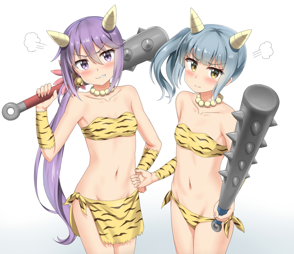 2girls akebono_(kantai_collection) alternate_costume bell club cowboy_shot embarrassed flower grey_hair groin hair_bell hair_between_eyes hair_flower hair_ornament holding holding_weapon horns jingle_bell kantai_collection kasumi_(kantai_collection) long_hair looking_at_viewer midriff multiple_girls navel nedia_r oni oni_horns pointing pointing_at_viewer purple_hair setsubun side_ponytail spiked_club tiger_stripes tsundere very_long_hair violet_eyes weapon yellow_eyes