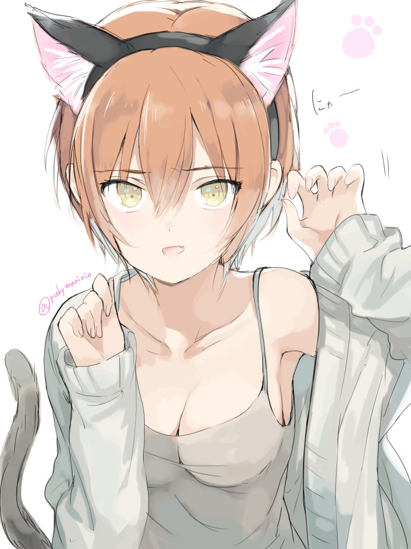 1girl animal_ears breasts camisole cat_ears cat_tail cleavage fake_animal_ears fang hair_between_eyes hairband hoshizora_rin looking_at_viewer love_live! love_live!_school_idol_project mari_(rubymaririn) medium_breasts off_shoulder open_mouth orange_hair paw_pose paw_print short_hair simple_background solo tail twitter_username white_background yellow_eyes