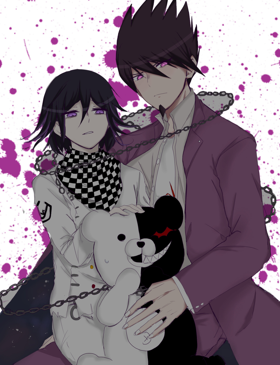 2boys bear blood blood_splatter collared_shirt dangan_ronpa facial_hair formal goatee highres image_sample looking_at_viewer male_focus mitsuki_(ayanop1111) momota_kaito monokuma multiple_boys new_dangan_ronpa_v3 ouma_kokichi purple purple_hair school_uniform shirt short_hair shota simple_background smile spiky_hair violet_eyes