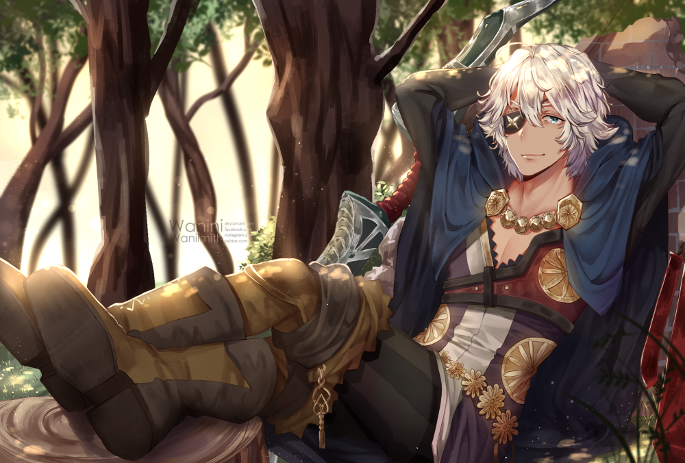 1boy artist_name blue_eyes boots bow_(weapon) cape dark_skin dark_skinned_male eyepatch fire_emblem fire_emblem_if leaf male_focus quiver sitting solo tree wani_(fadgrith) weapon white_hair zero_(fire_emblem_if)