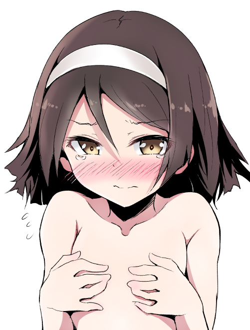 1girl bangs blush brown_hair closed_mouth collarbone covering covering_chest embarrassed eyebrows_visible_through_hair eyes_visible_through_hair flat_chest flying_sweatdrops gatchii hair_between_eyes hairband kantai_collection looking_at_viewer nose_blush short_hair simple_background solo tanikaze_(kantai_collection) tears upper_body white_background white_hairband yellow_eyes