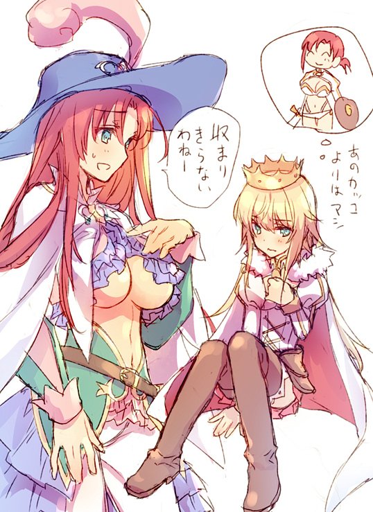 1girl androgynous between_legs blonde_hair blue_clothes blue_eyes blue_hat blush boots boudica_(fate/grand_order) boudica_(fate/grand_order)_(cosplay) breasts cape capelet chibi cleavage_cutout closed_eyes corset cosplay costume_switch covering covering_breasts crown dress embarrassed fate/grand_order fate_(series) fur-trimmed_cape fur_trim gloves hand_between_legs hand_on_own_chest hat hat_feather juliet_sleeves knees_together_feet_apart le_chevalier_d'eon_(fate/grand_order) le_chevalier_d'eon_(fate/grand_order)_(cosplay) long_hair long_sleeves medium_breasts midriff multiple_views navel navel_cutout open_mouth panties pants pleated_skirt ponytail puffy_sleeves red_eyes redhead shield sitting skirt smile sweatdrop sword thigh-highs thigh_boots translation_request under_boob underwear wanko_(takohati8) weapon white_cape white_clothes white_pants