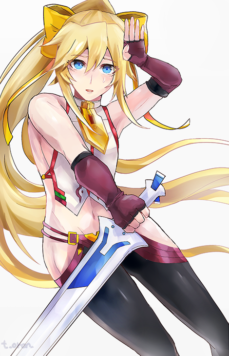 1boy black_pants blazblue blazblue:_central_fiction blonde_hair blue_eyes bow cosplay crossdressinging embarrassed fingerless_gloves gloves guilty_gear guilty_gear_xrd hair_between_eyes hair_bow halter_top halterneck itou_(t_oron) ky_kiske long_hair looking_at_viewer lowleg lowleg_pants mai_natsume mai_natsume_(cosplay) navel open_mouth pants ponytail revealing_clothes ribbon salute simple_background solo sweat sword weapon yellow_bow