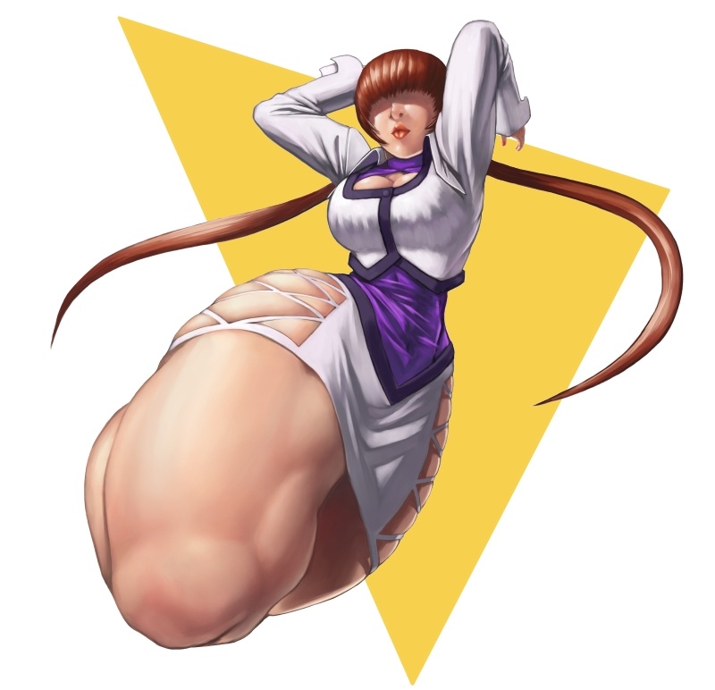 1girl boots breasts brown_hair cleavage cleavage_cutout cropped_jacket earrings hair_over_eyes jewelry knee_up leotard lipstick long_hair makeup miniskirt shermie shinonome_(game_hakkutsu_tai) skirt solo the_king_of_fighters twintails