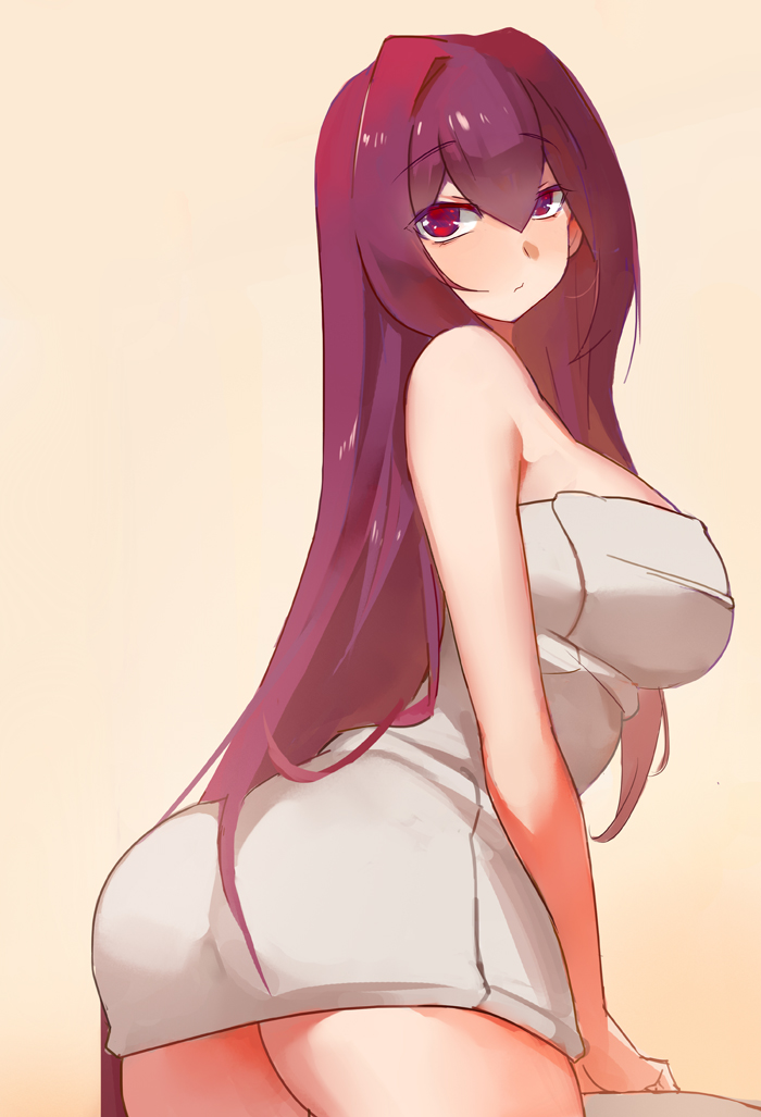 1girl arm ass bare_shoulders breasts brown_background erect_nipples fate/grand_order fate_(series) female large_breasts leaning leaning_forward looking_at_viewer looking_back naked_towel purple_hair red_eyes scathach_(fate/grand_order) solo thighs towel type-moon very_long_hair yostxxx