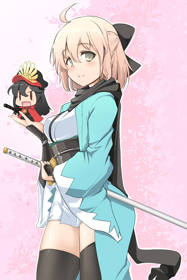 1girl ahoge black_bow black_legwear black_scarf blush bow character_doll closed_mouth cowboy_shot demon_archer fate/grand_order fate_(series) from_side grey_eyes hair_bow japanese_clothes katana kimono long_sleeves looking_to_the_side momio obi pink_hair sakura_saber sash scabbard scarf sheath sheathed short_kimono smile sword thigh-highs weapon wide_sleeves