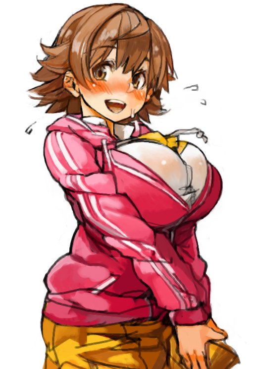 1girl blush breasts brown_eyes brown_hair flying_sweatdrops large_breasts looking_at_viewer open_mouth original perky_breasts sachito short_hair simple_background skindentation smile solo sweatdrop white_background