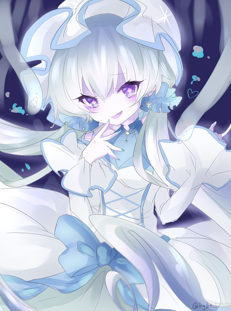 1girl :d blue_nails dress hair_ornament hat kgbt_i nail_polish nihilego open_mouth pale_skin personification pokemon smile solo twitter_username violet_eyes white_dress white_hair white_hat white_skin