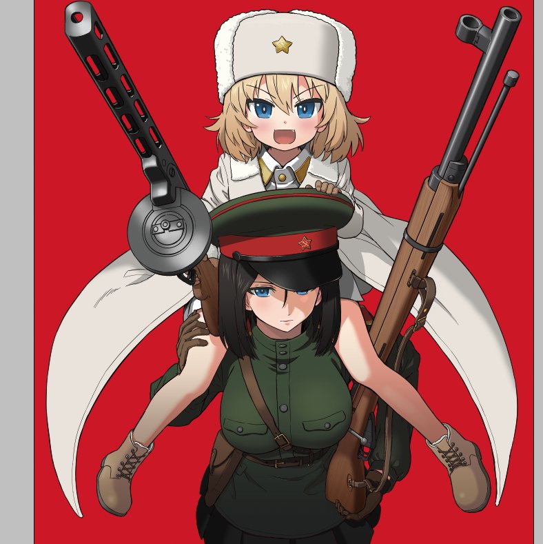 2girls ankle_boots bangs belt black_gloves black_hair black_skirt blonde_hair blue_eyes bolt_action boots brown_boots carrying cross-laced_footwear fang fur_hat girls_und_panzer gloves green_hat green_jacket gun hat holster jacket katyusha long_hair long_sleeves looking_at_viewer machine_gun military military_hat military_uniform miniskirt mosin-nagant multiple_girls nonna open_mouth peaked_cap pleated_skirt ppsh-41 red_background rifle sabaku_chitai short_hair shoulder_carry skirt smile submachine_gun swept_bangs trench_coat uniform ushanka weapon weapon_request white_coat white_hat