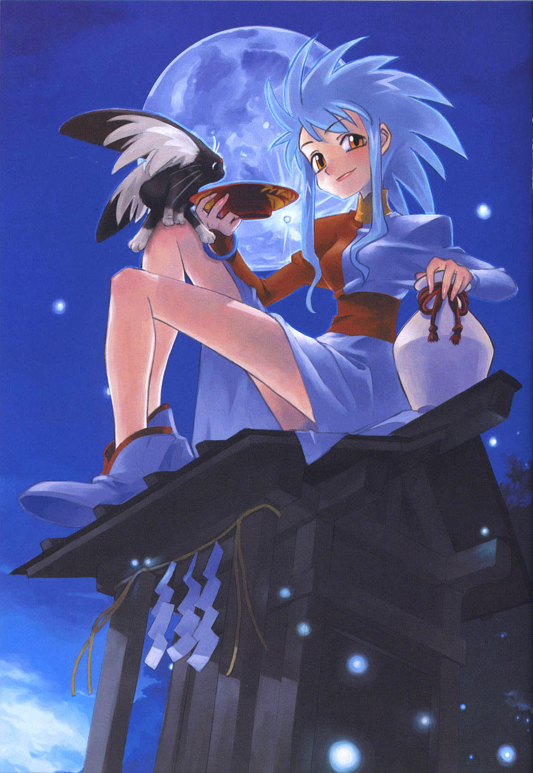 1girl asymmetrical_clothes blue_hair blue_moon blue_robe bottle cabbit cup day from_below highres kajishima_masaki legs looking_at_viewer moon night on_roof ryou-ouki ryouko_(tenchi_muyou!) sakazuki sake_bottle scan scan_artifacts sky smile solo spiky_hair tenchi_muyou! yellow_eyes